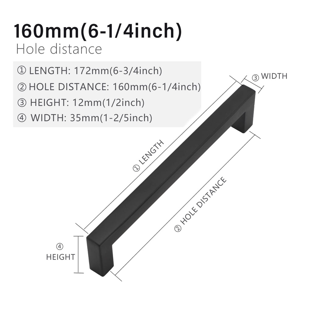 5 Pack 6-1/4 Inch Matte Black Cabinet Pulls, Square Drawer Handles
