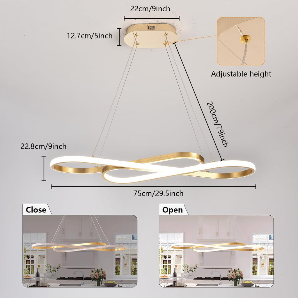 Gold 29.53in Dimmable Modern LED Pendant Chandelier | Height adjustable design, remote control included, suitable for