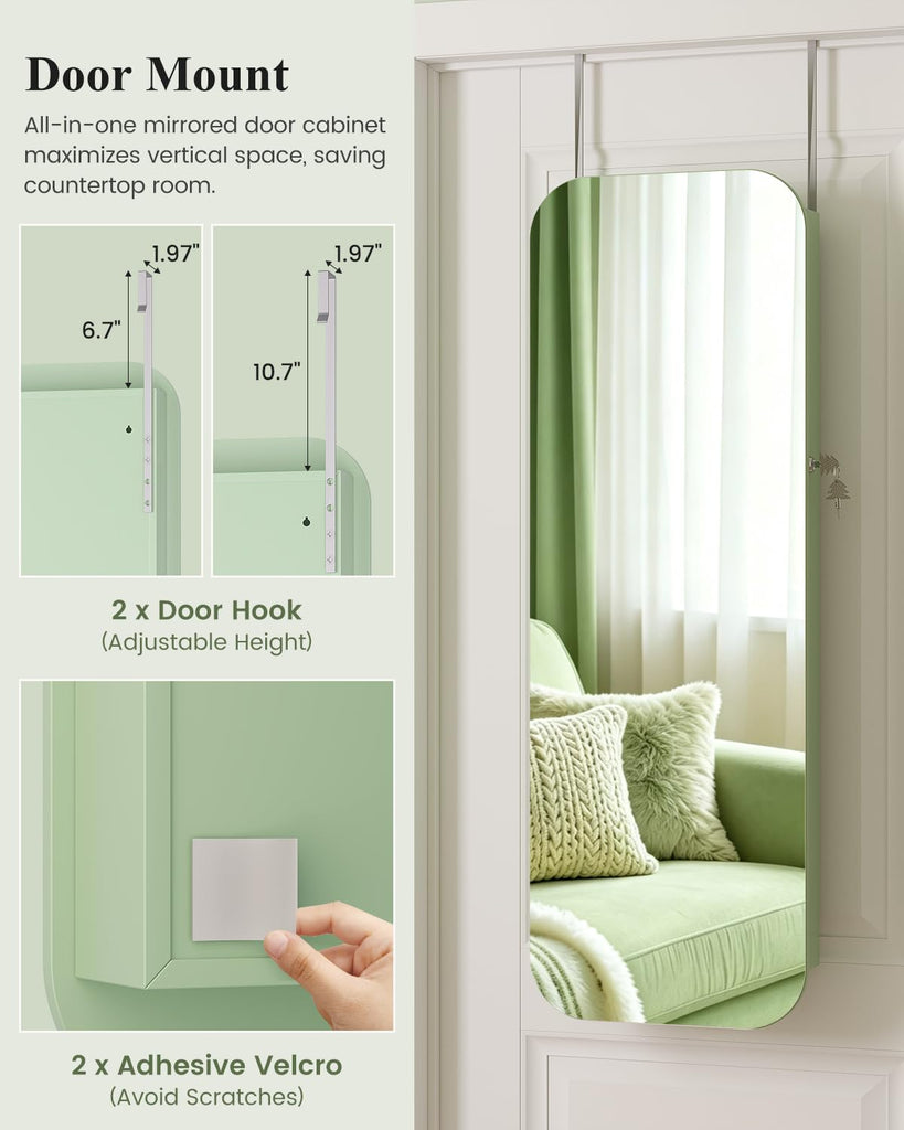 6 LEDs Mirror Jewelry Cabinet Door Hanging, 42.5", Lockable, Green