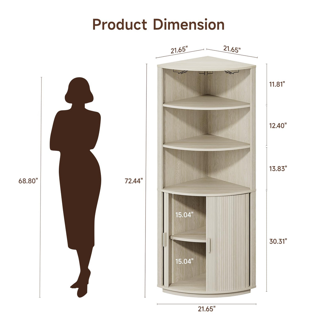 72" Tall Corner Bar Cabinet with LED Light, Liquor Cabinets, White