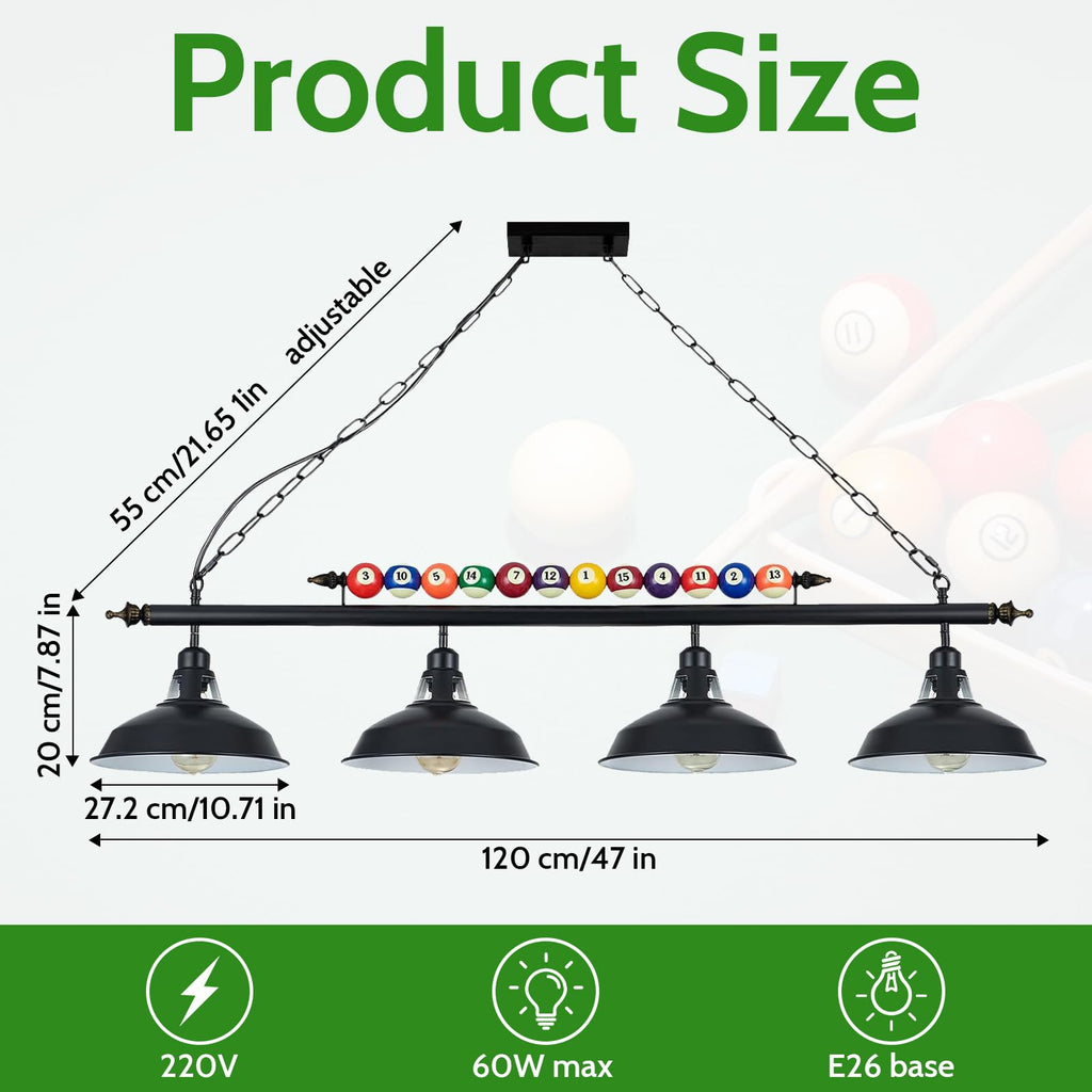4 Lights Adjustable Pool Table Light for 7'-8' Billiard Tables, Hanging Pool Table Lighting Fixture, Billiard Pendant