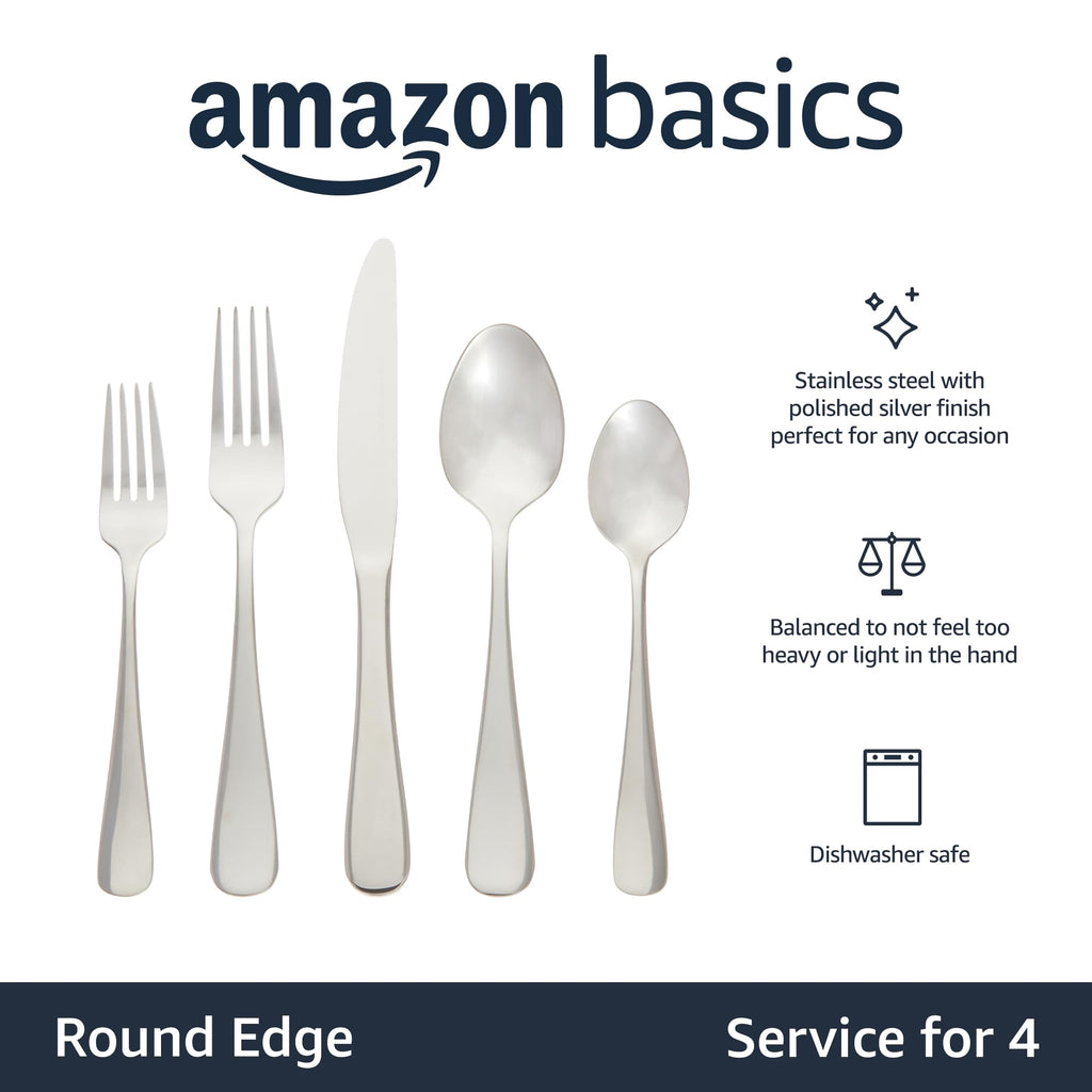 Silverware Set, Stainless Steel Flatware, Dishwasher Safe, Service for 4, 20-Piece Forks and Spoons, Round Edge