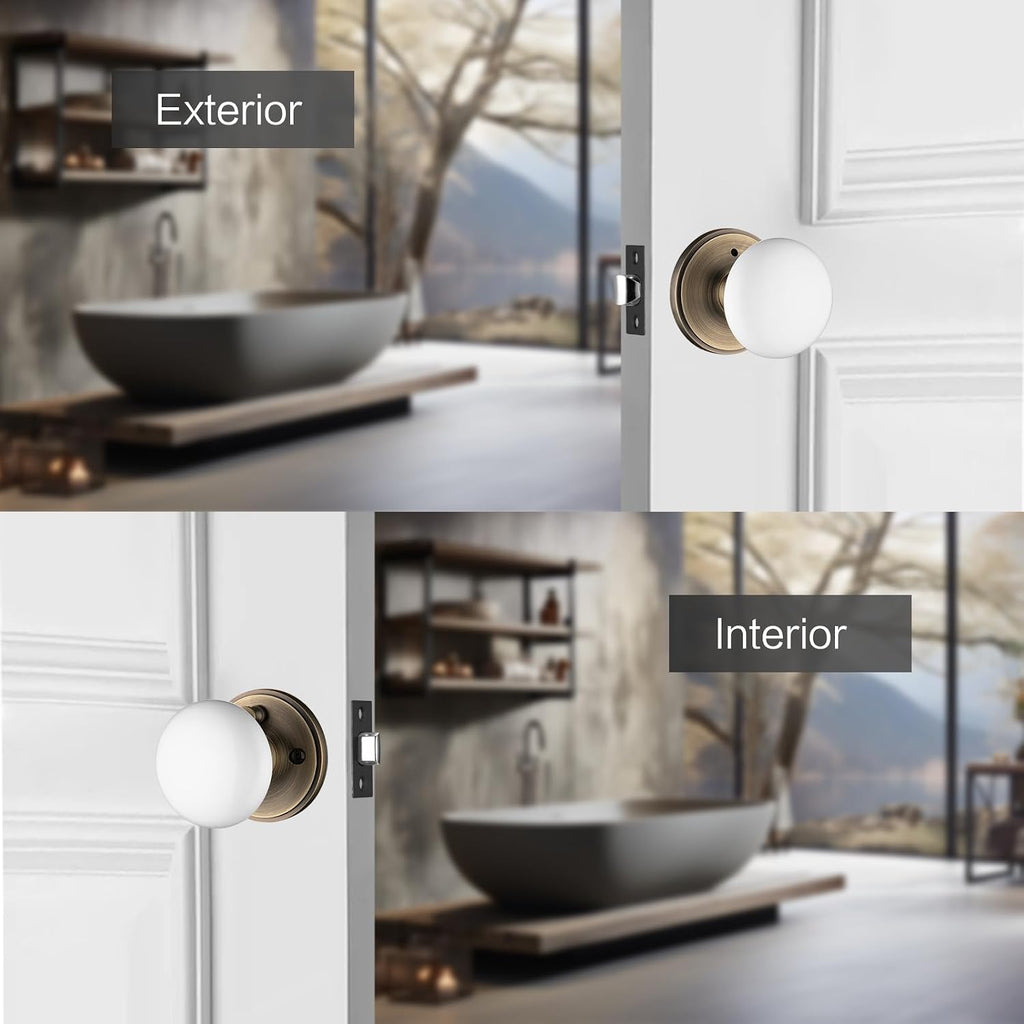 White Door Knobs, Porcelain Round Door Handle with Antique Brass Plate