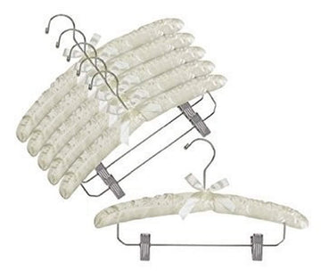 Hangers Ivory Satin Padded Hangers w/Chrome Hook & Clips - Pack of (6)