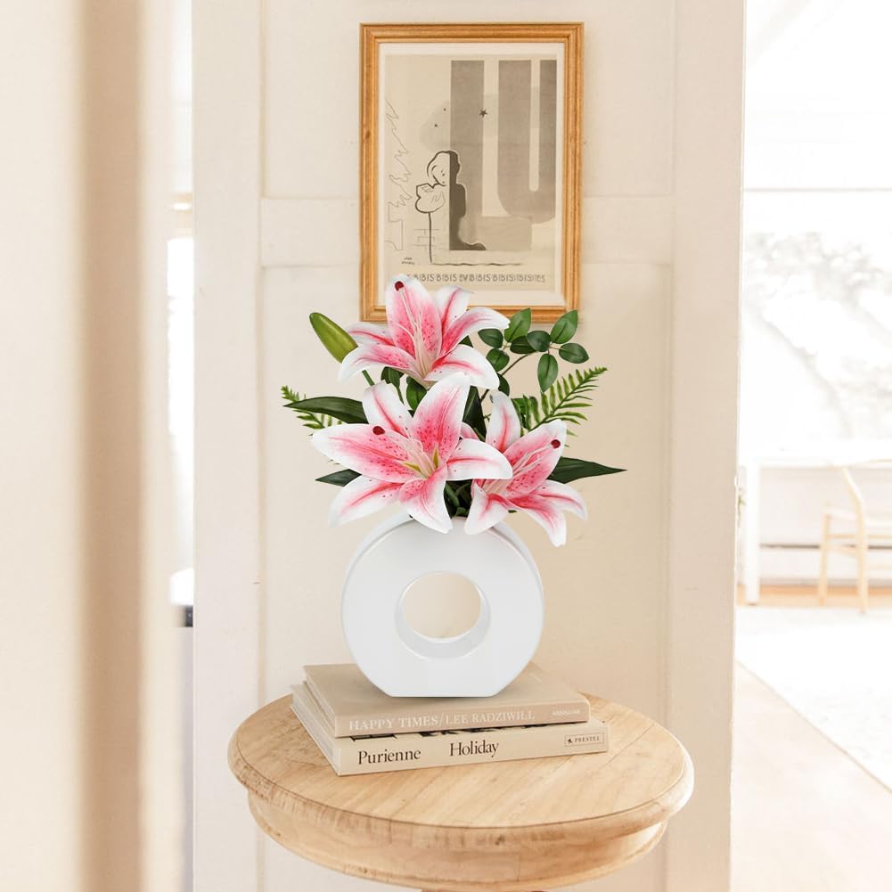 Faux Lily Pink 13" Artificial Flower in Vase for Wedding Home Decoration - Set of 4