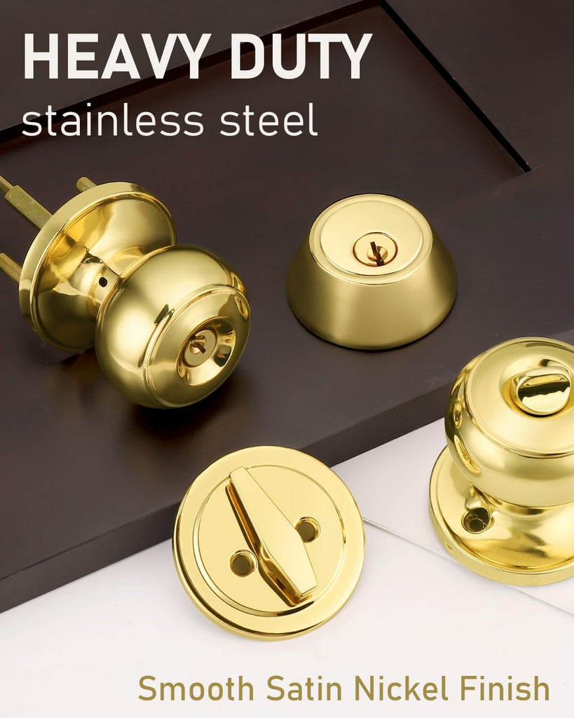 3 Pack Keyed Alike Front Door Knob and Deadbolt Set, Entry Door Locksets with Single Cylinder Deadbolt, Polished