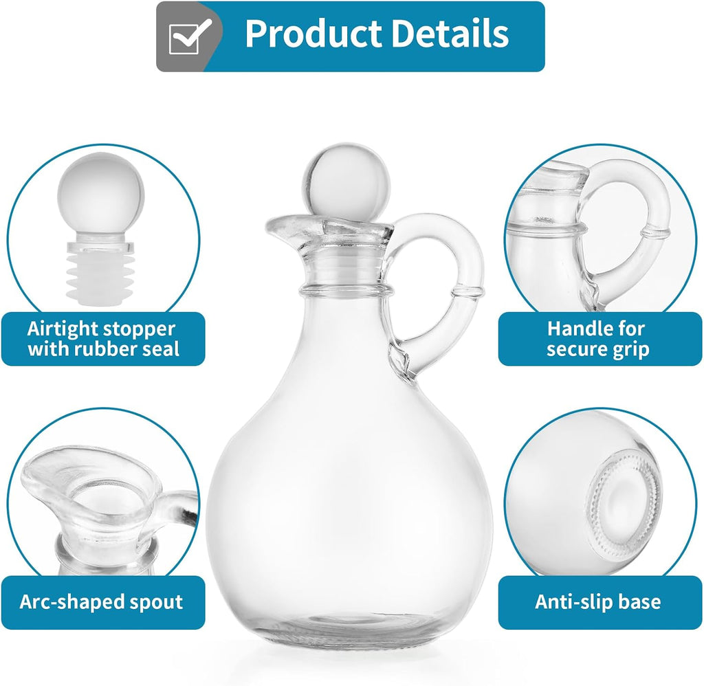 Clear Glass Oil and Vinegar Cruets, Salad Dressing Dispensers with Airtight Stoppers - Set of 2