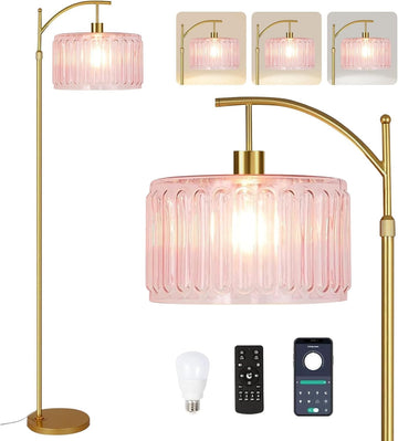 Pink Floor Lamp,Gold Dimmable Standing Lamp with Remote,Mid Century Modern Brass Tall Lamp Boho Floor Lamps Arc