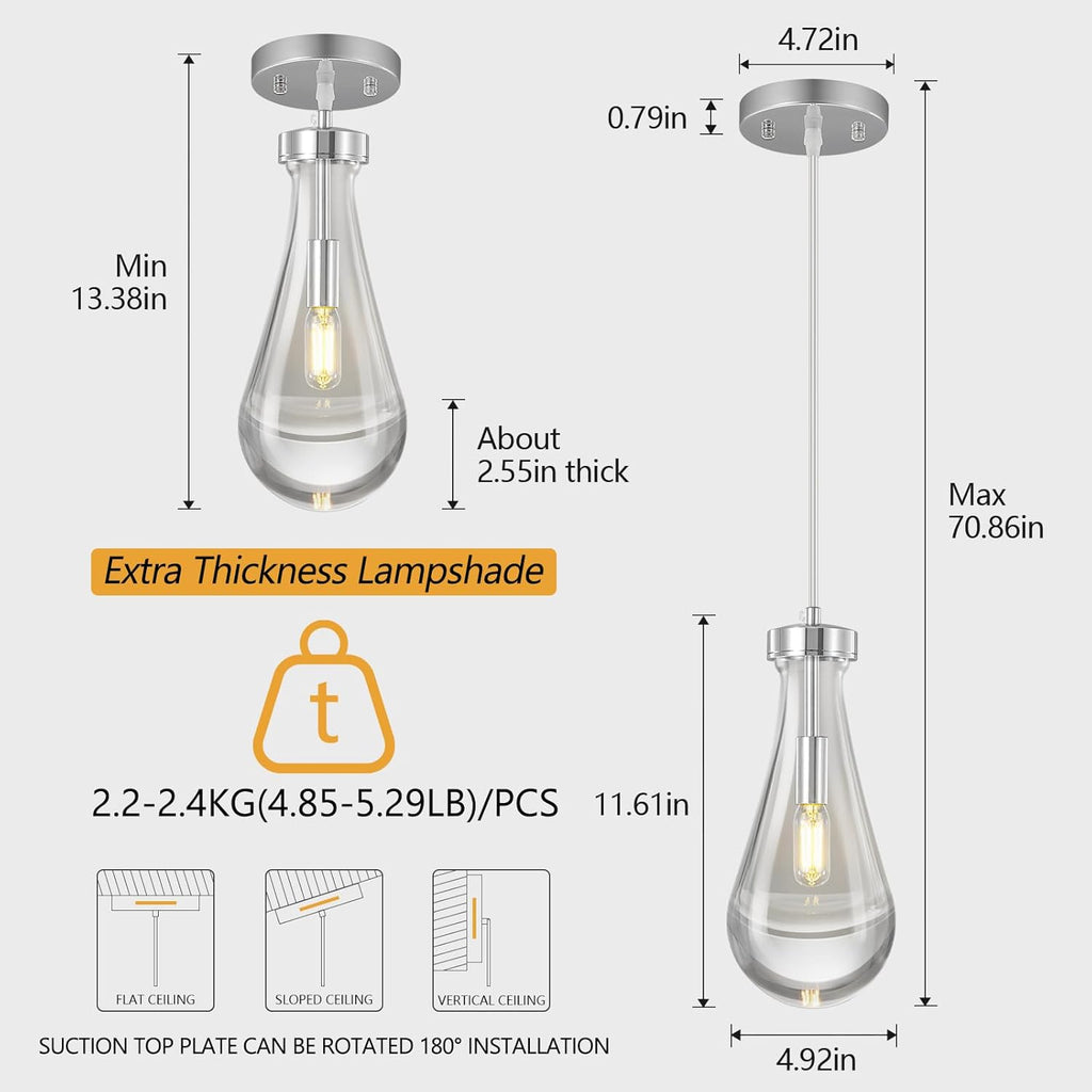 Raindrop Pendant Lights Kitchen Island Set of 2 Teardrop Chrome Hanging Light Fixtures Clear Solid Glass Pendant Light Modern Chandeliers for Dining Room Porch Corridor Living Room A121-B0BN144WF8