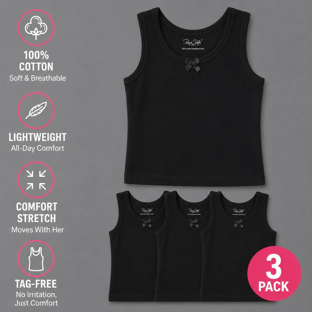 Girls Tank Tops 3 Pack 100% Cotton Scoop Neck Sleeveless