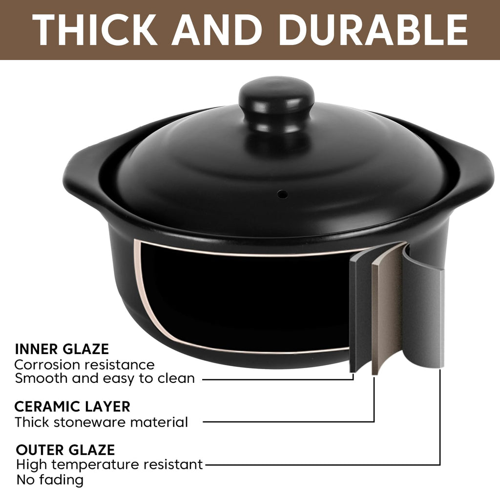 Ceramic Pots Casserole Soup Bowl with Lid Large Stock Clay Pot for Cooking (Black, 3.4 Quart)