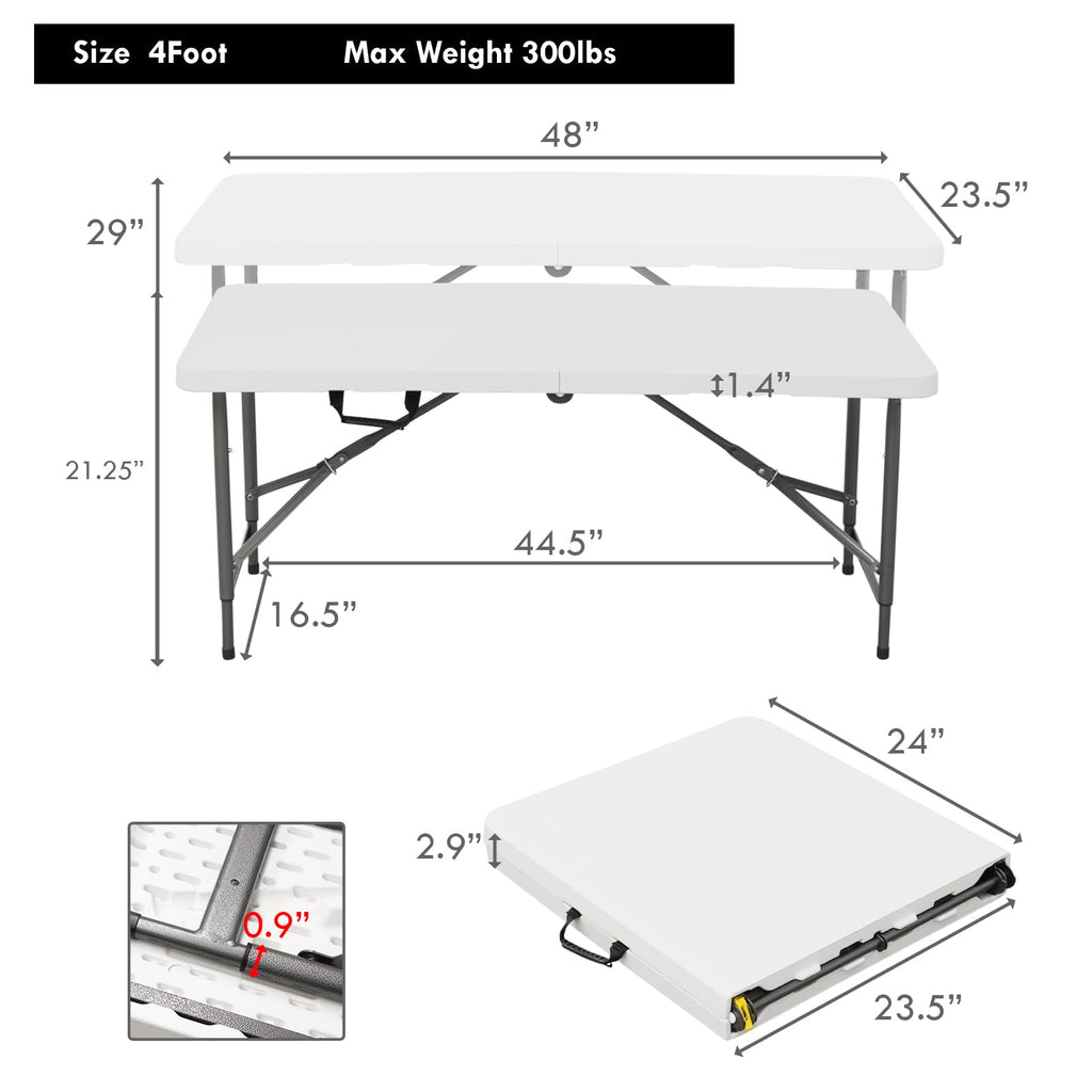 4ft Folding Table, Sturdy Outdoor Folding Table, Perfect for Camping Picnics Parties Durable Foldable Table with Easy