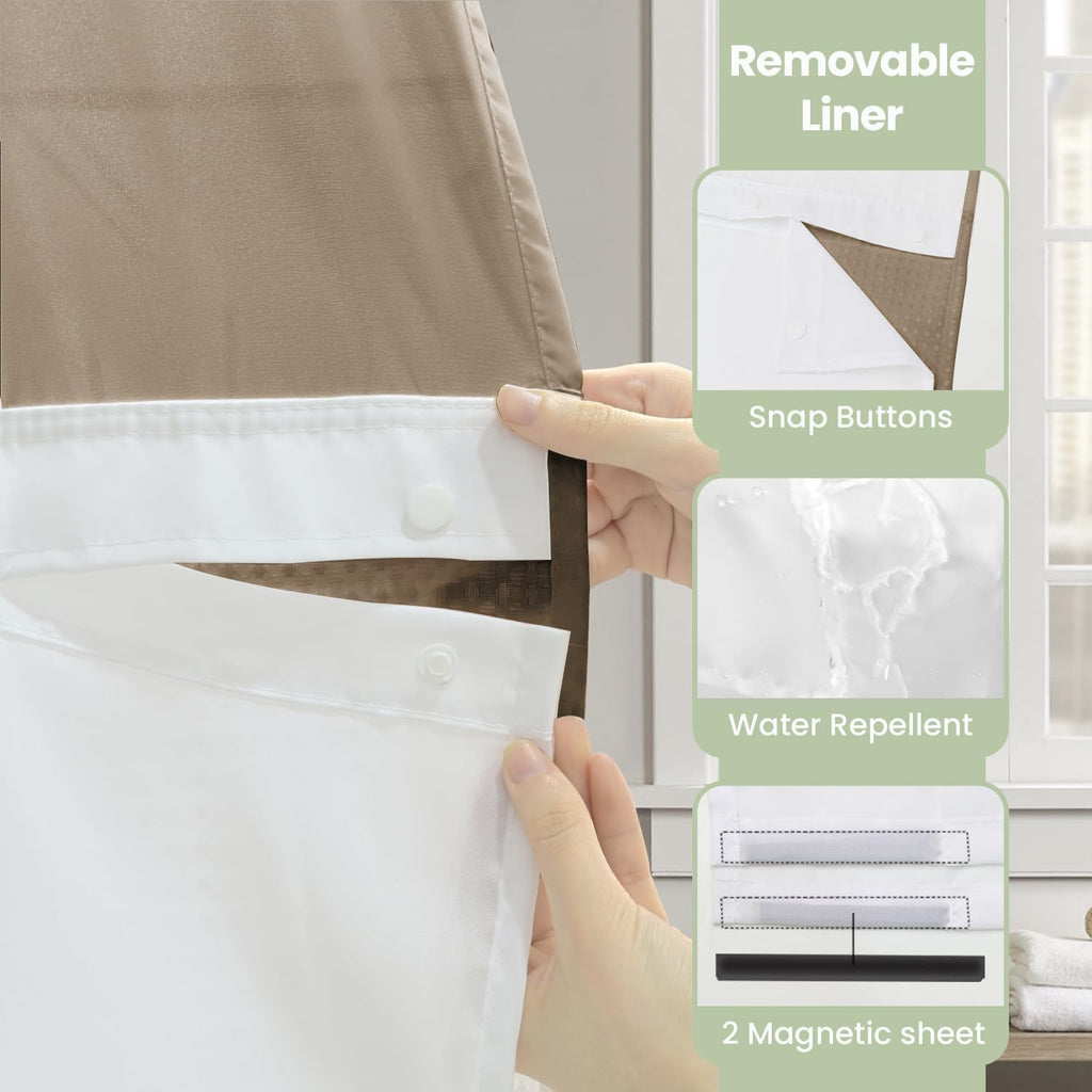 No Hook Shower Curtain with Snap-in Fabric Liner, Waffle Weave 230 GSM Polyester, Weighted Hem, Water Repellent