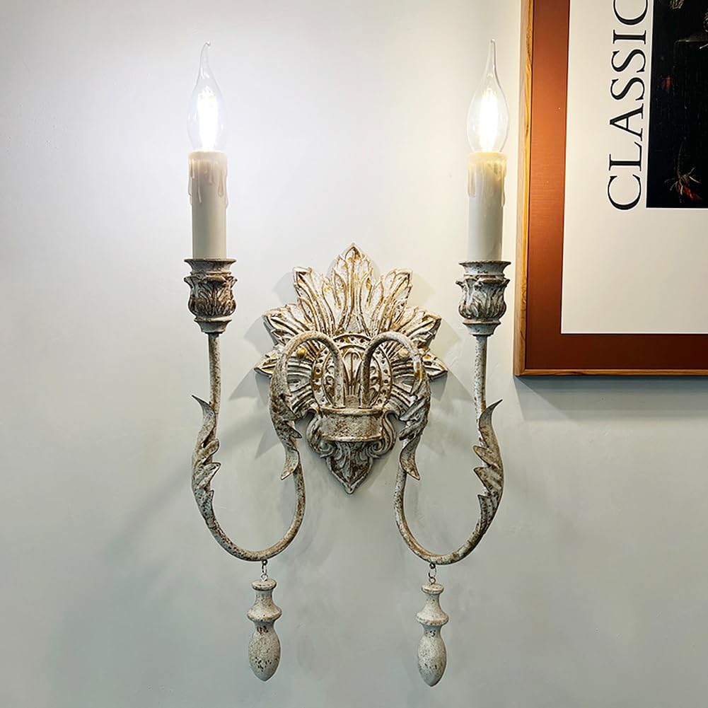 Mid-Century Distressed Wall Light, French Country Vintage Wall Sconce 2-Light Double Candle Art Deco Perfect Wall