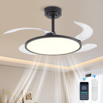 Retractable Ceiling Fan with Lights and Remote,42'' Chandelier Ceiling Fan with Invisible Blades,LED Full