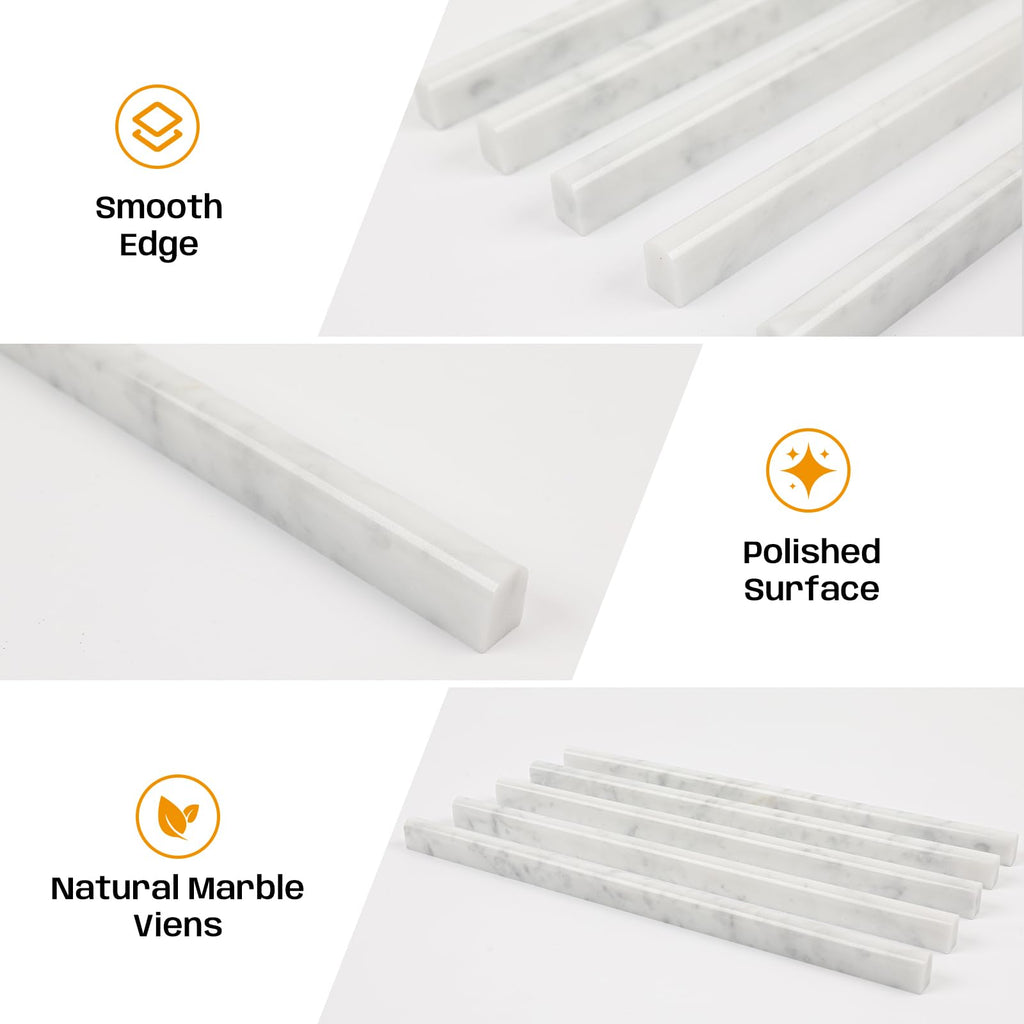 Carrara White Marble Pencil Trim Liner, 1/2"x12" Bullnose Tile Edge, 10 Pcs