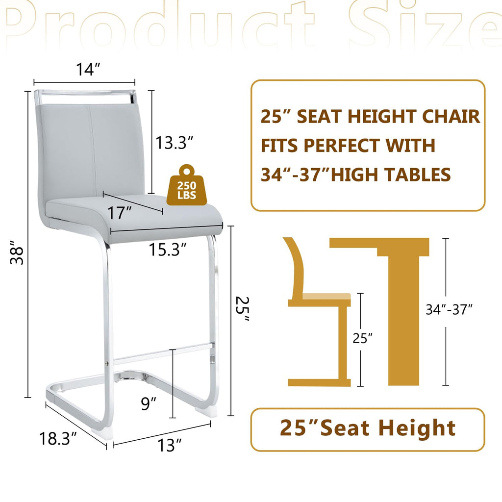 Bar Stools Set of 4, Counter Height Bar Stools with Backs, Grey Barstools with Chrome Plated Metal Leg, Upholstered