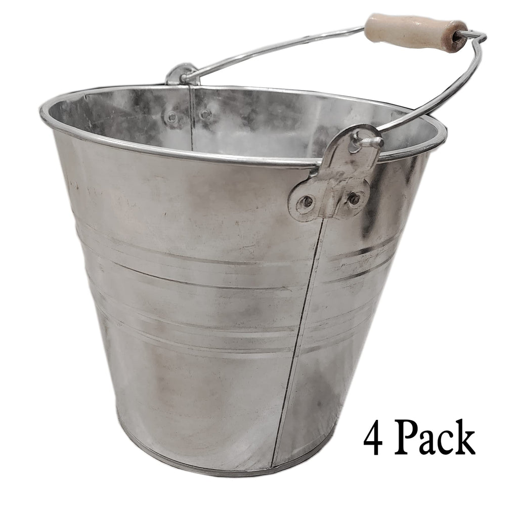 Large Metal Bucket 1.875 Gallon (4 Pack) Pail Tins Silver w/Wood Handle Retro Look for Planter or décor, Gifts
