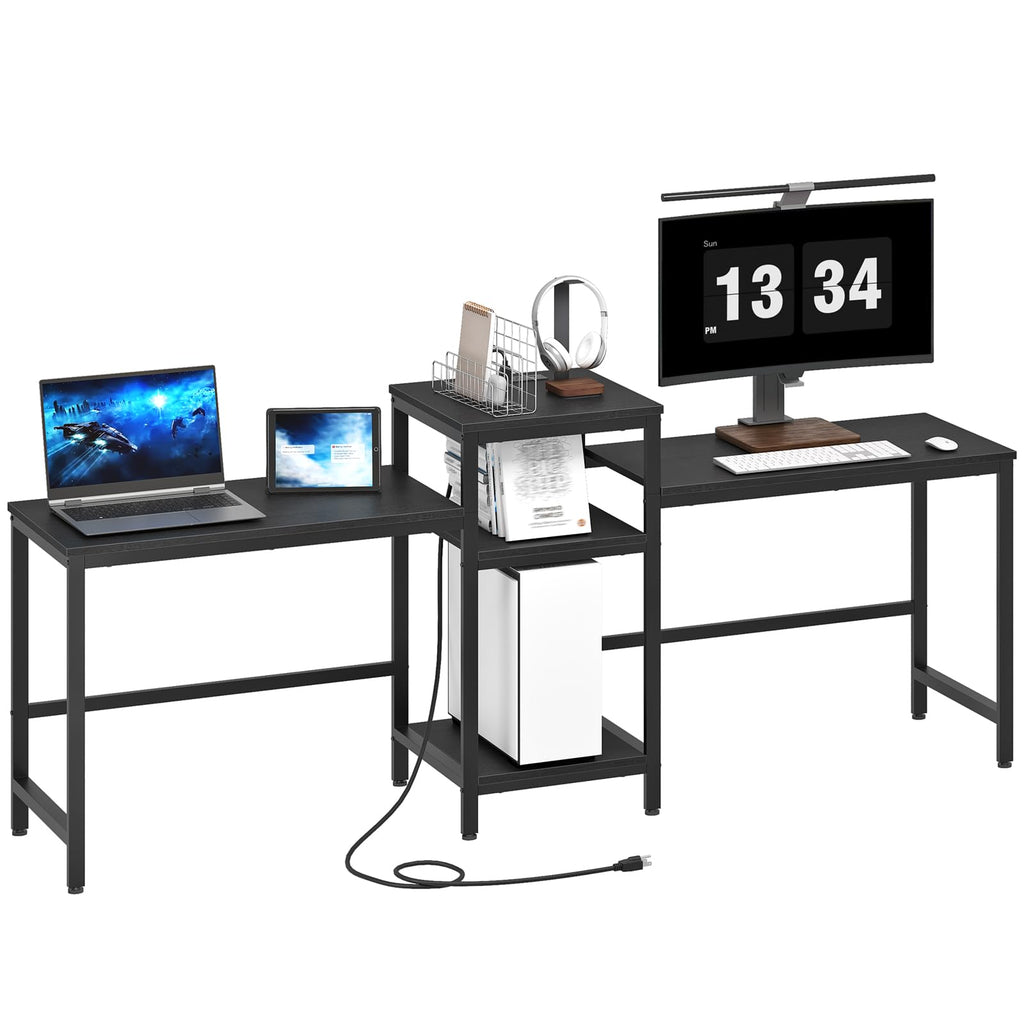78.7" Two Person Computer Desk with Power Outlet & 3-Tier Shelf, Large Industrial Office Desk with 4 AC Outlets & 2