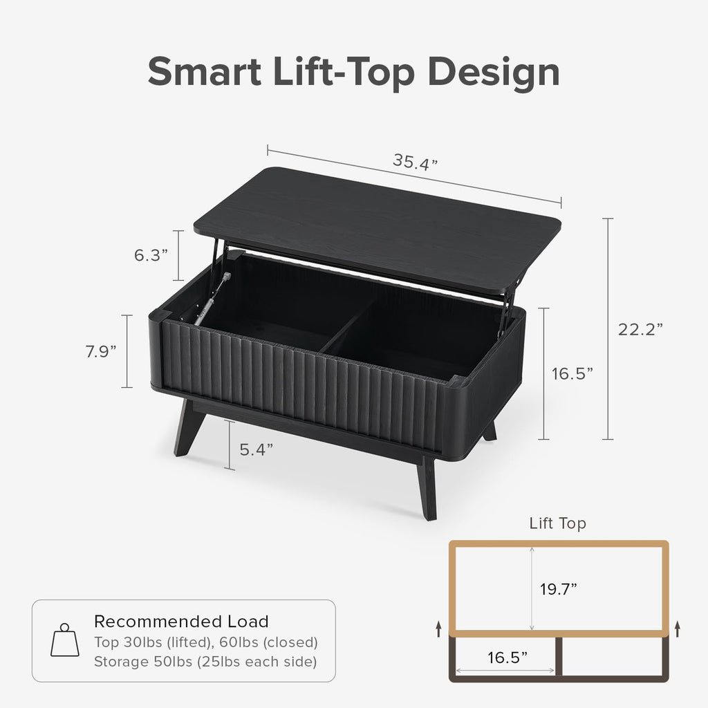 Brooklyn Lift Top Coffee Table, Dining Table, Fluted (Black Oak)