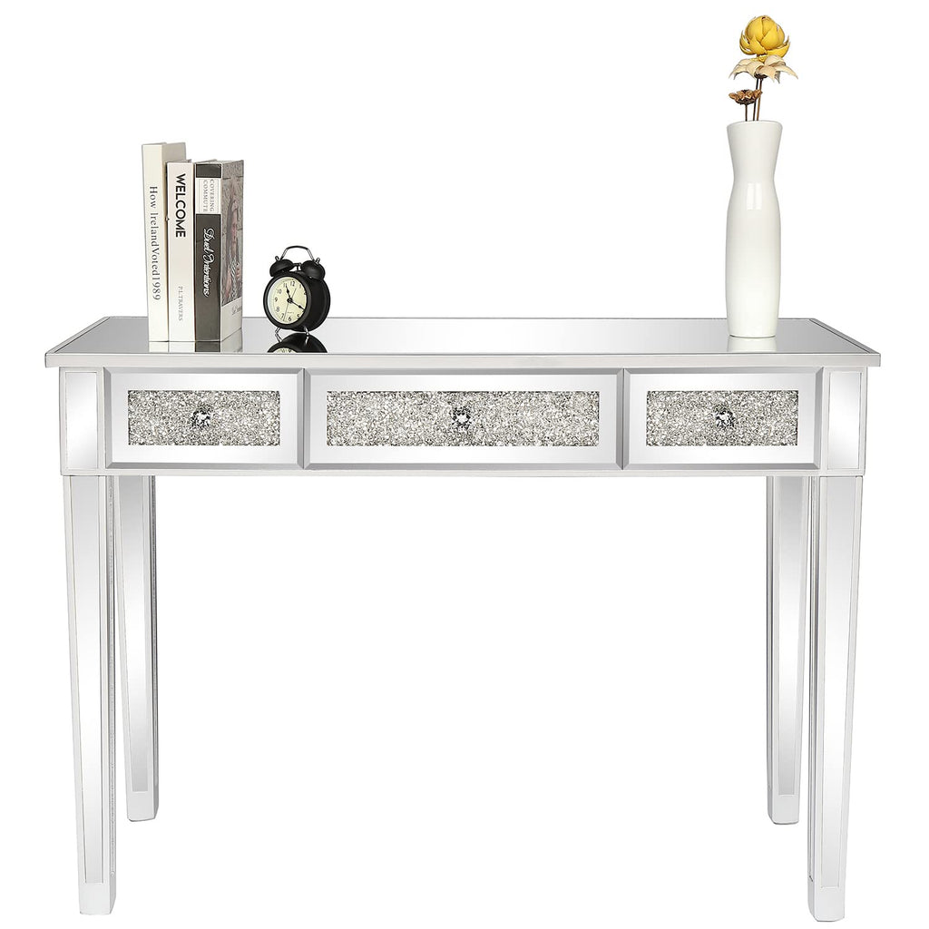 Silver Mirrored Vanity Desk, Makeup Vanity Desk, Glass Desk with 3 Drawers, Glass Vanity for Women Girls Bedroom