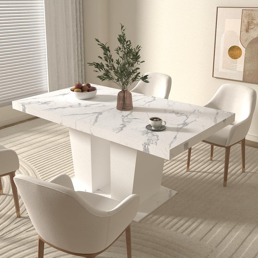 Extendable Dining Room Table for 6-10 Person, Modern Large Rectangular Kitchen Tables w/Dual Column Pedestal Base for