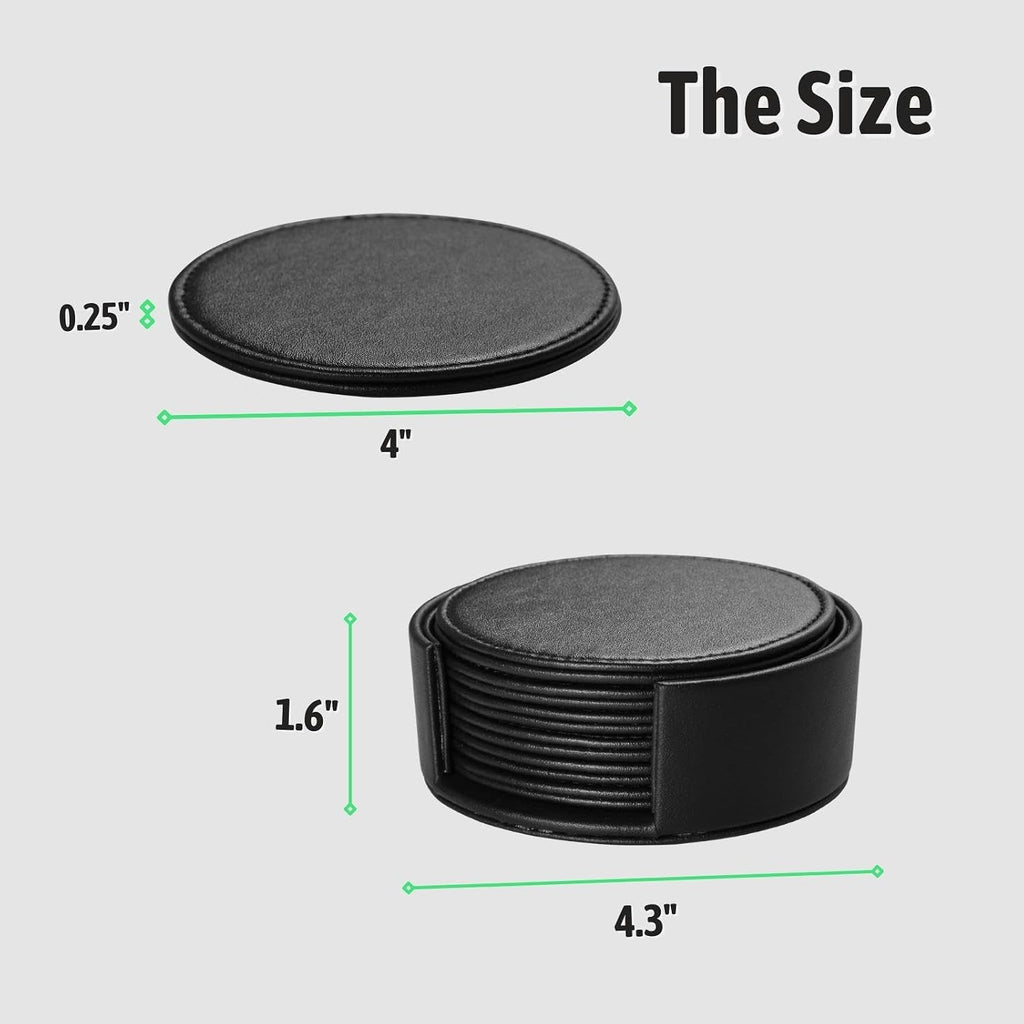 Drink Coasters with Holder, 4" Leather Coasters for Drinks for Tabletop Protection, Elegant Home Decor & - Set of 6