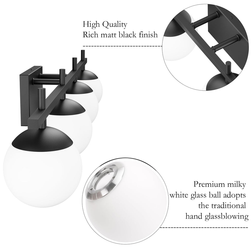 Black Vanity Lights Milky Glass Mid Century Modern Bathroom Vanity Wall Light Over Mirror, Black 4-Lights