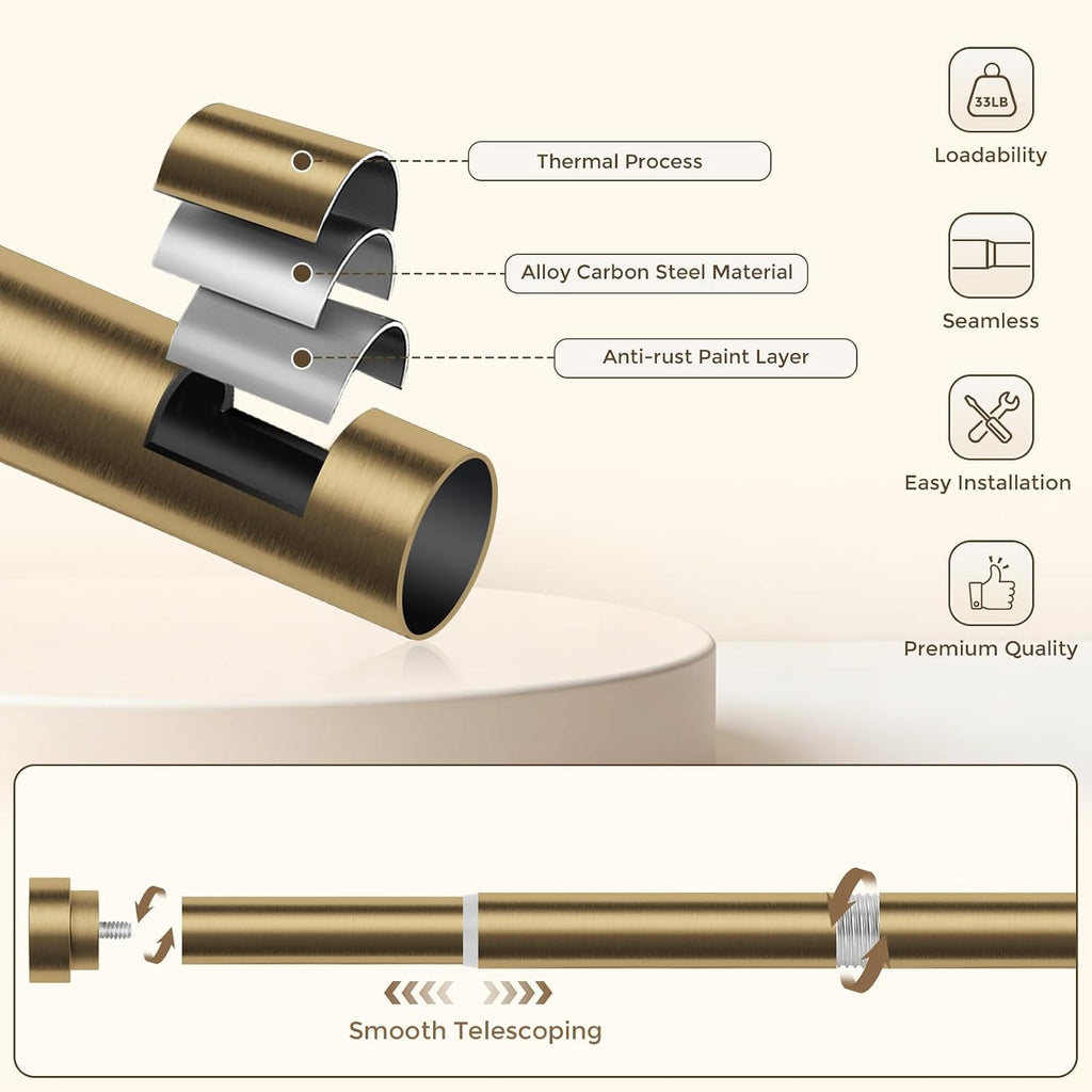 Brass Gold Curtain Rod 36 to 144 Inch, Brushed Warm Gold 1" Adjustable Long Heavy Duty Curtain Rods for Windows