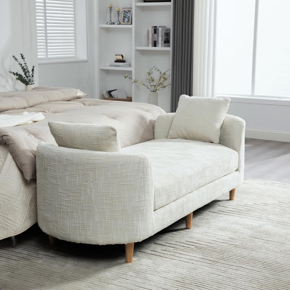 77.2" Chenille End of Bed Bench Chaise Lounge, Upholstered Bedroom Bench with Arms & Bolster Pillows, Rubberwood Legs