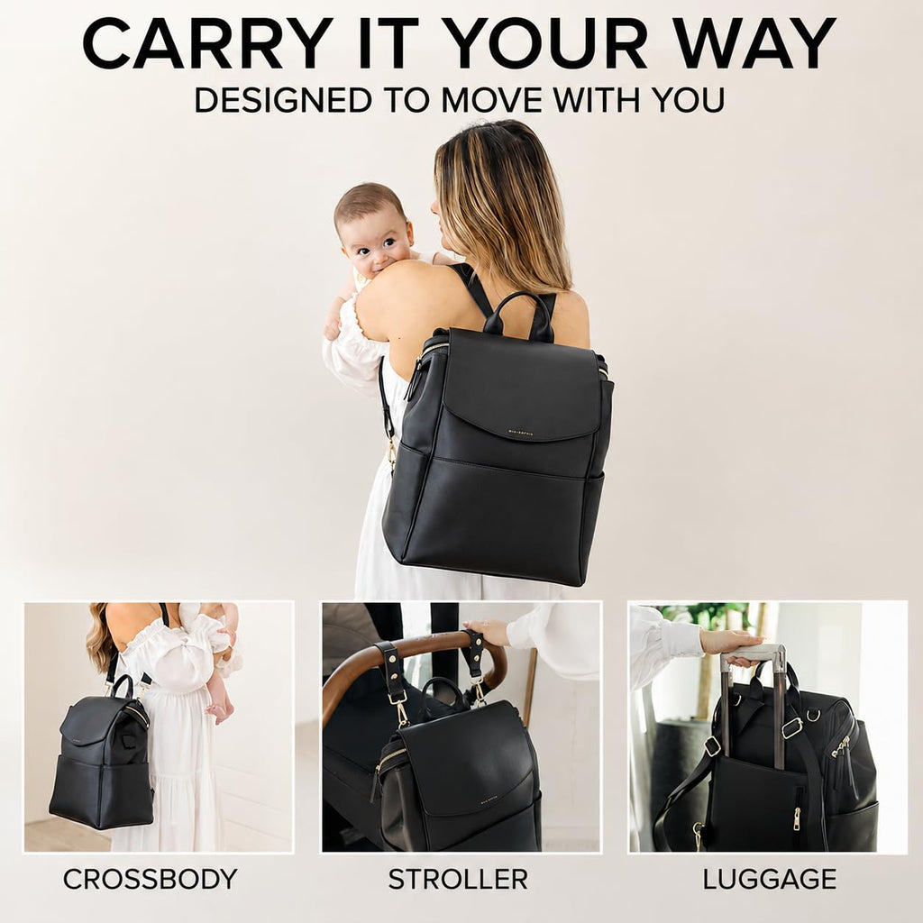 Leather Diaper Bag Backpack with USB Charging port, Changing Pad, Stroller Straps (Black Olivia)