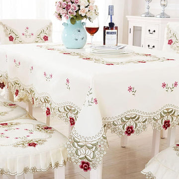68"X120" Oblong Flower Embroidered Lace Tablecloth, Floral Vintage Classic Rectangular Table Cloth C