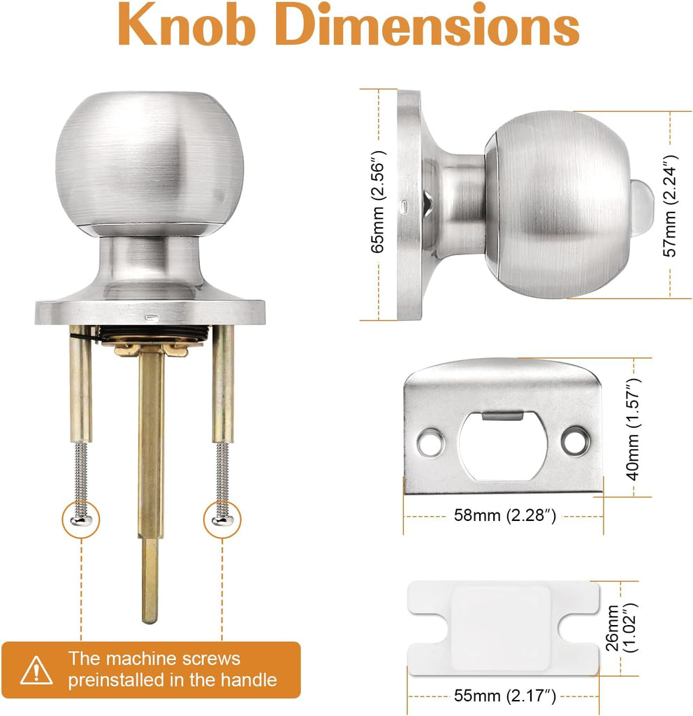 Privacy Interior Door Knobs Stainless Steel, Keyless Door Locks Bathroom, Brushed Nickel, 6 Pack