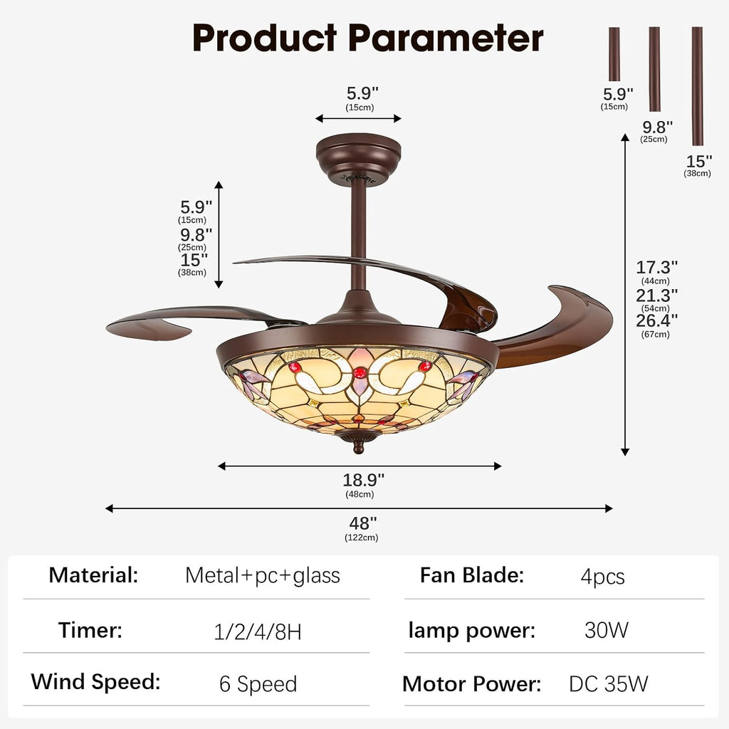 48" Tiffany Retractable Ceiling Fan with Light - (Red Dot, Brown)