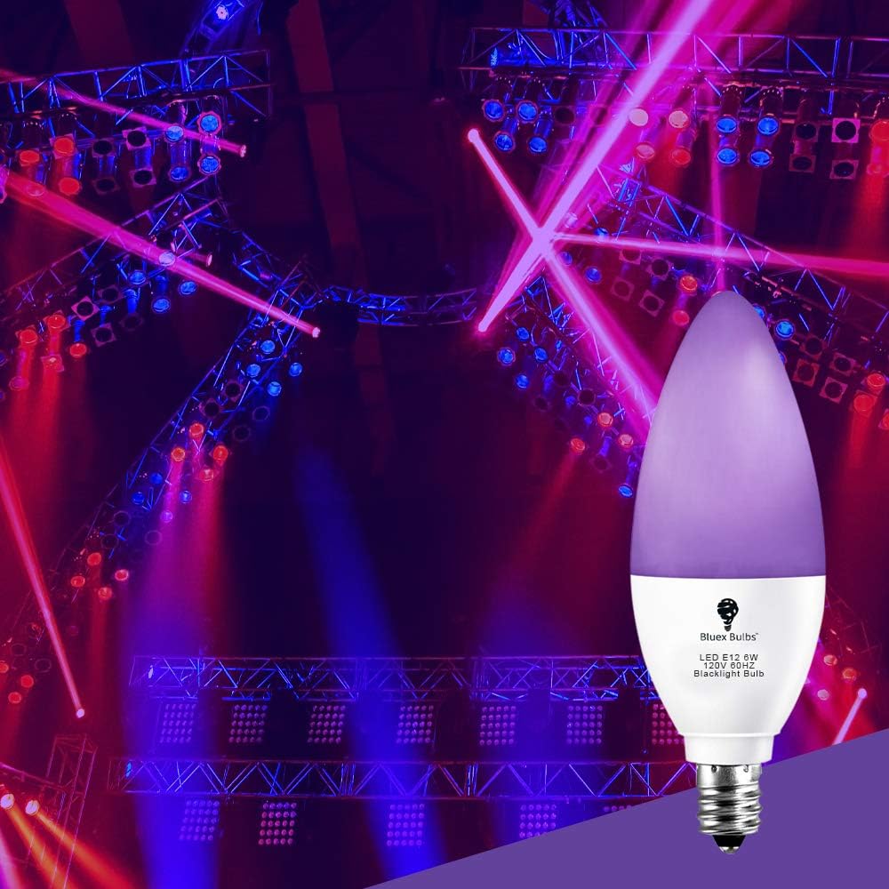 2 Pack LED Black Light Bulb, 6W E12 Candle Blacklight Bulb Level 385-400nm, Body Paint, Glow in The Dark Party E12