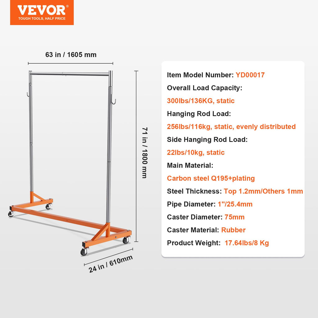 Z Rack, 300 lbs Industrial Grade Z Base Garment Rack, 24" x 63" x 71" Clothes Rack, Sturdy Steel Heavy Duty Clothing