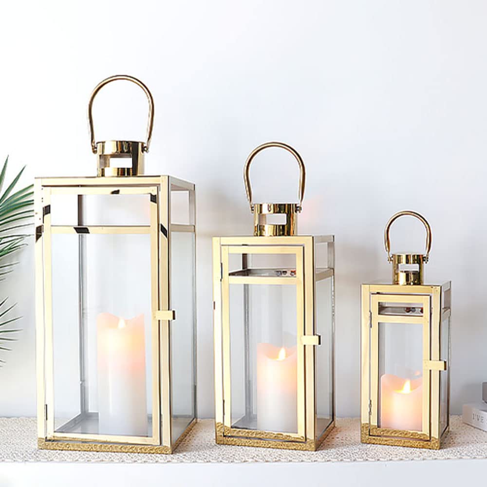 Elegant Gold Stainless Steel Lantern Set- 3 Sizes (12", 15", 19") - Tempered Glass Panel Metal Lanterns for Versatile