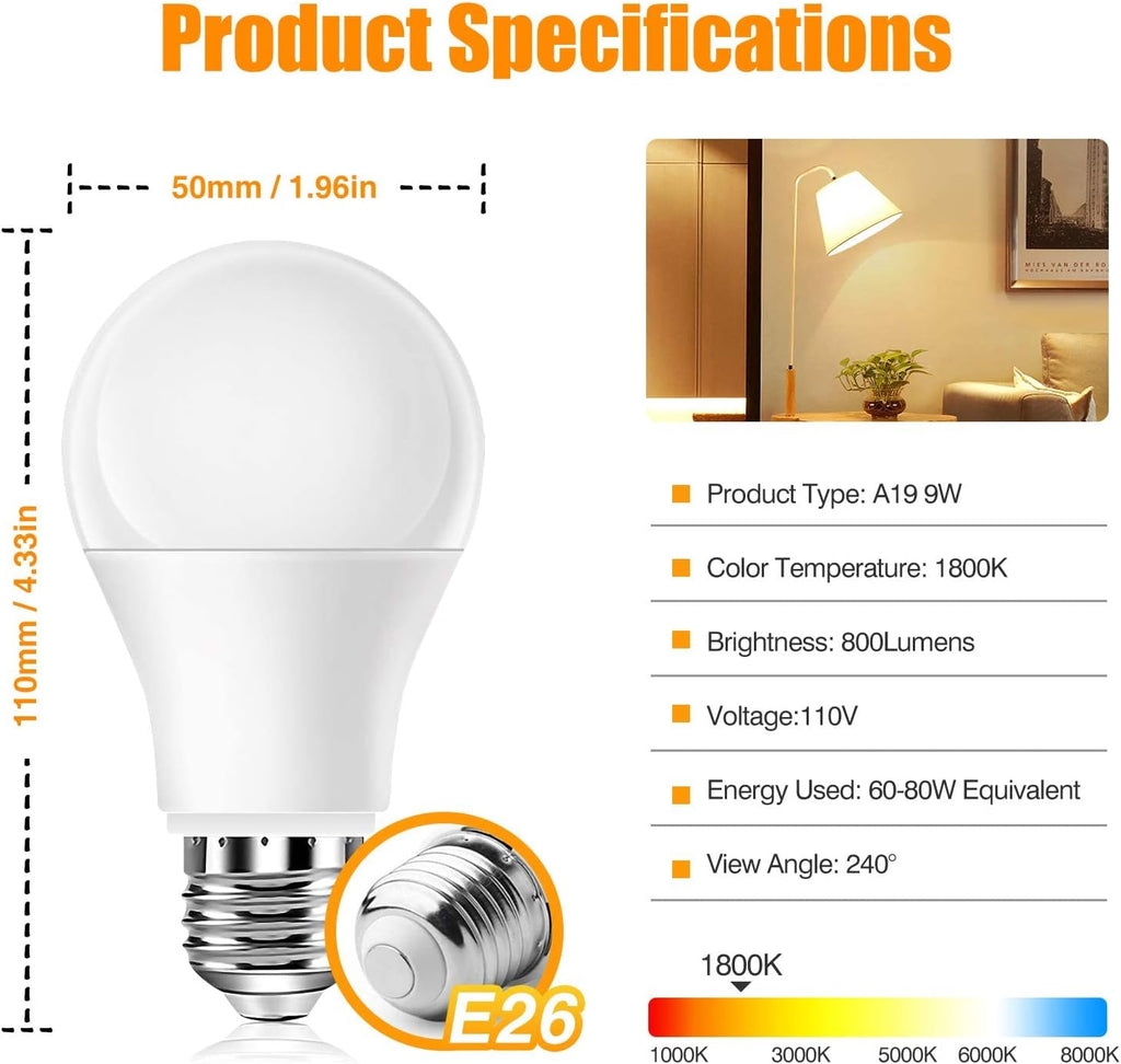 Amber Sleep Light Bulbs 1800K, 9W 60 Watt Equivalent, 99.96% Blue Blocking Soft Warm Light Bulbs A19, Amber Night