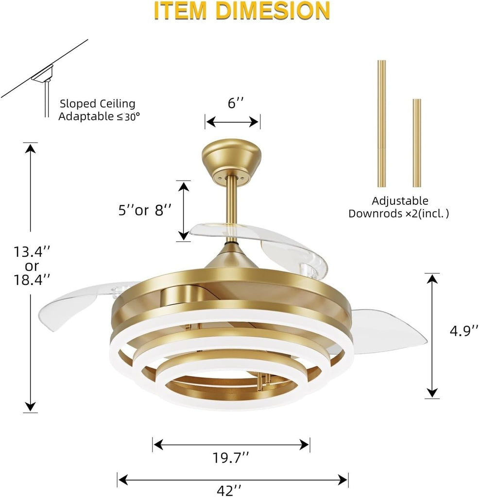 42'' Retractable Chandelier Ceiling Fan with Light, Gold