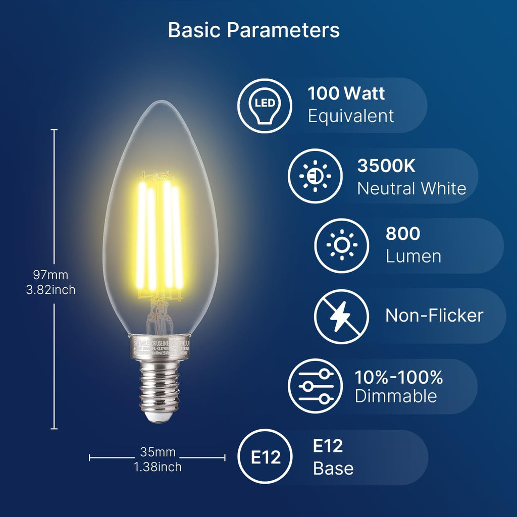 100W Equivalent LED Candelabra Bulbs, 800LM Dimmable B11 E12 LED Chandelier Light Bulbs, 5.5W, 3500K Netural White, 6