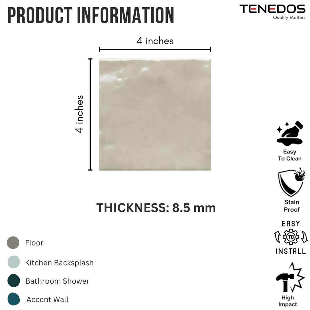 Ivory Glossy Porcelain Subway Zellige Look Tile - 4x4 Inches Wall and Floor, Backsplash, Shower, Fireplace Accent