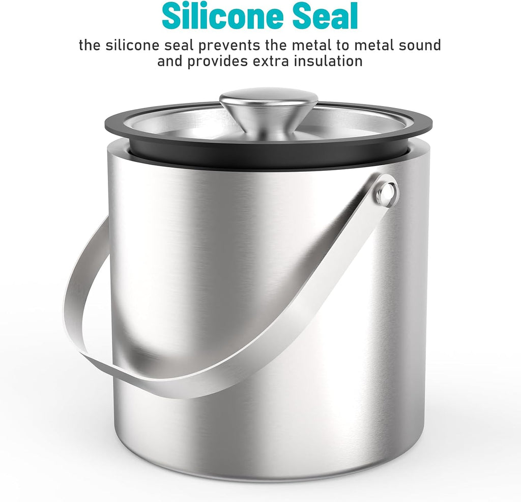 3L Stainless Steel Ice Bucket, Double Wall Insulated Ice Bucket with Lid, Drain Plate, Scoop, Tong for Parties