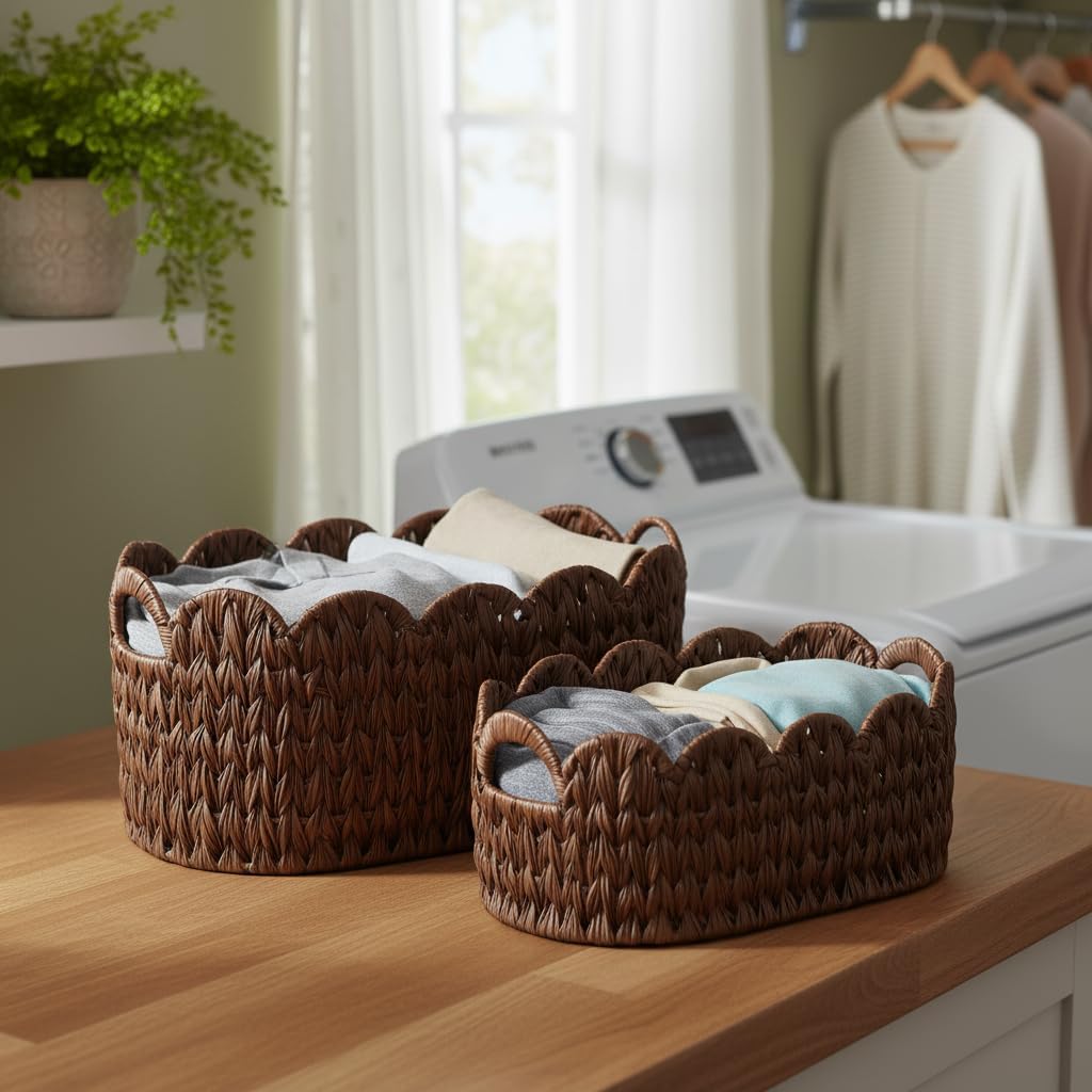 Wicker Scalloped Basket Set of 2,Woven Storage Baskets for Shelves,Closet,Laundry,Gift,Towels,Books,Toys,Waterproof