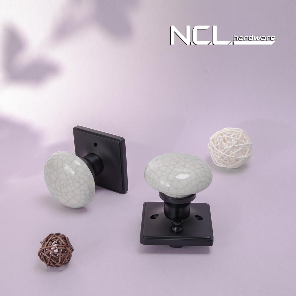 NCL Crack Door Knobs, Porcelain Square Door Handle with Matt Black Plate