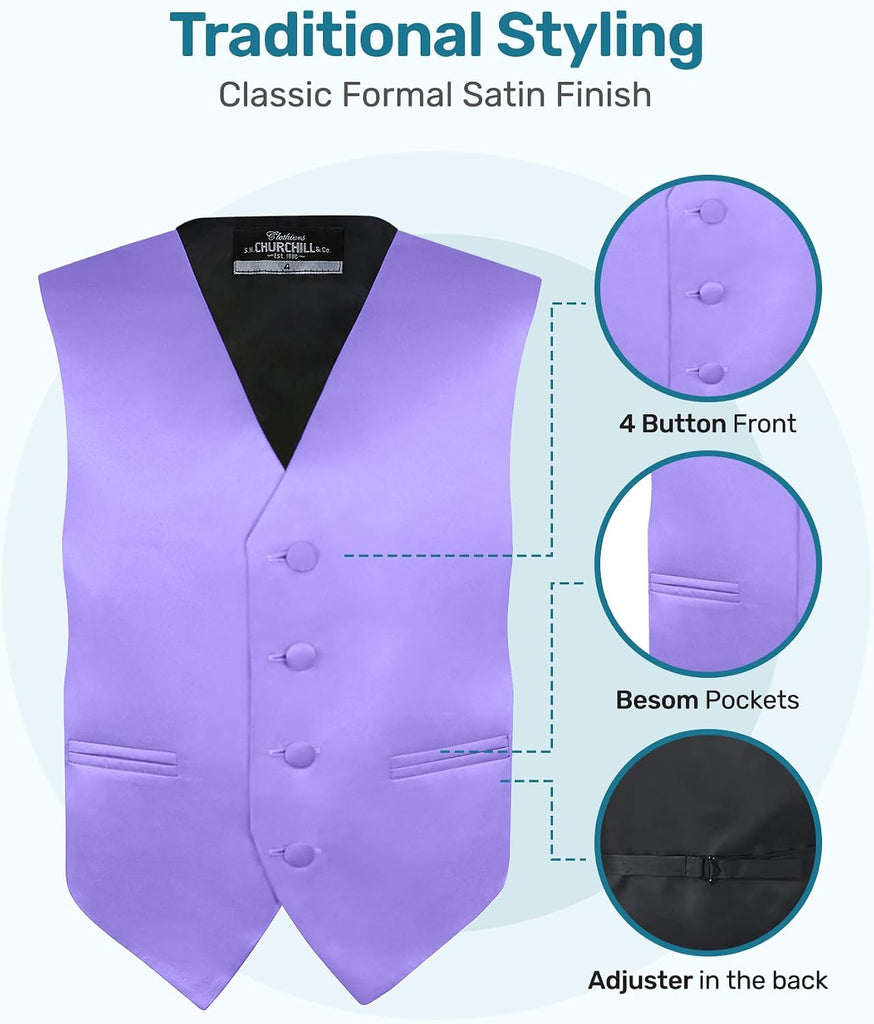 Boys 4 Piece Vest Set with Pre-Tied Bow Tie, Necktie & Pocket Square