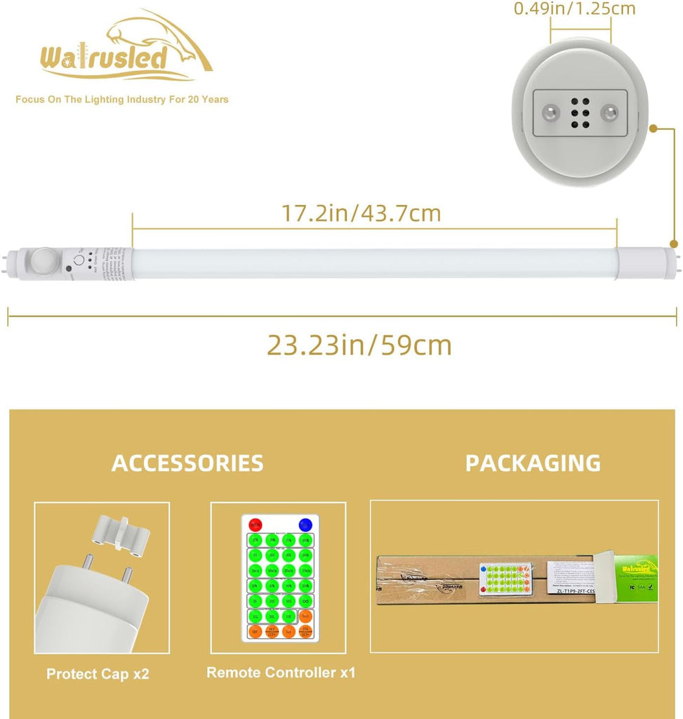 T8 LED Tube Light 2FT with Photocell and PIR Motion Sensor, Remote, Dimmable, IP4X, G13, 120V, CCT, 10W, 1000 LM, LED