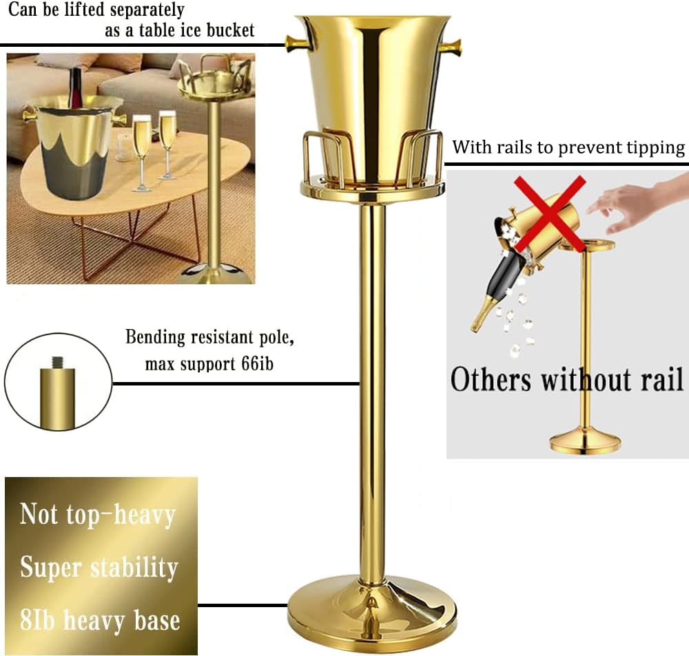 Ice Bucket with Stand 201 Stainless Steel Ice Bucket Standing Hammered 13Lbs Gold Ice Bucket with Carrying Handle