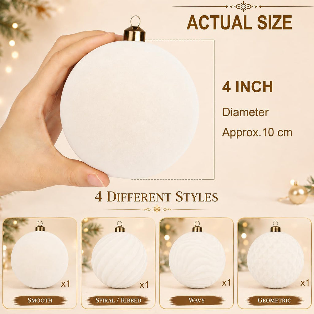 Inch Velvet Christmas Ball Ornaments, Large Tree Decorations, Cream, 4 - Set of 4