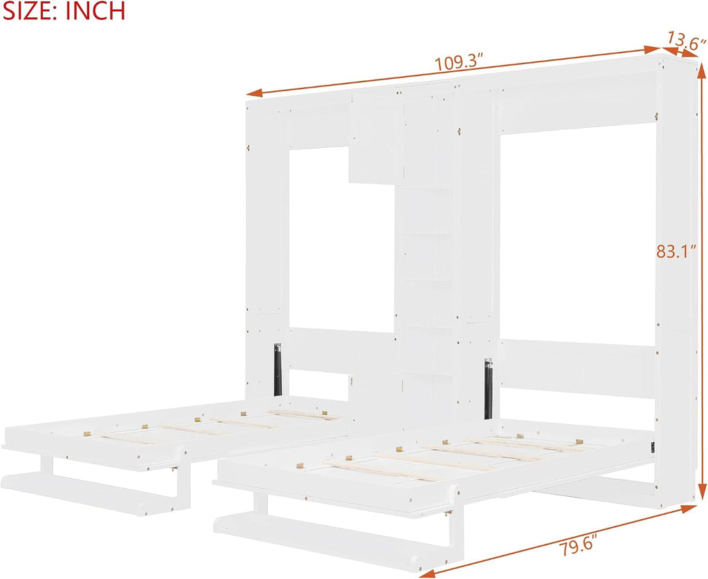 Dual Twin Murphy Bed, Wooden Wall Bed with Cabinets and Shelves, White