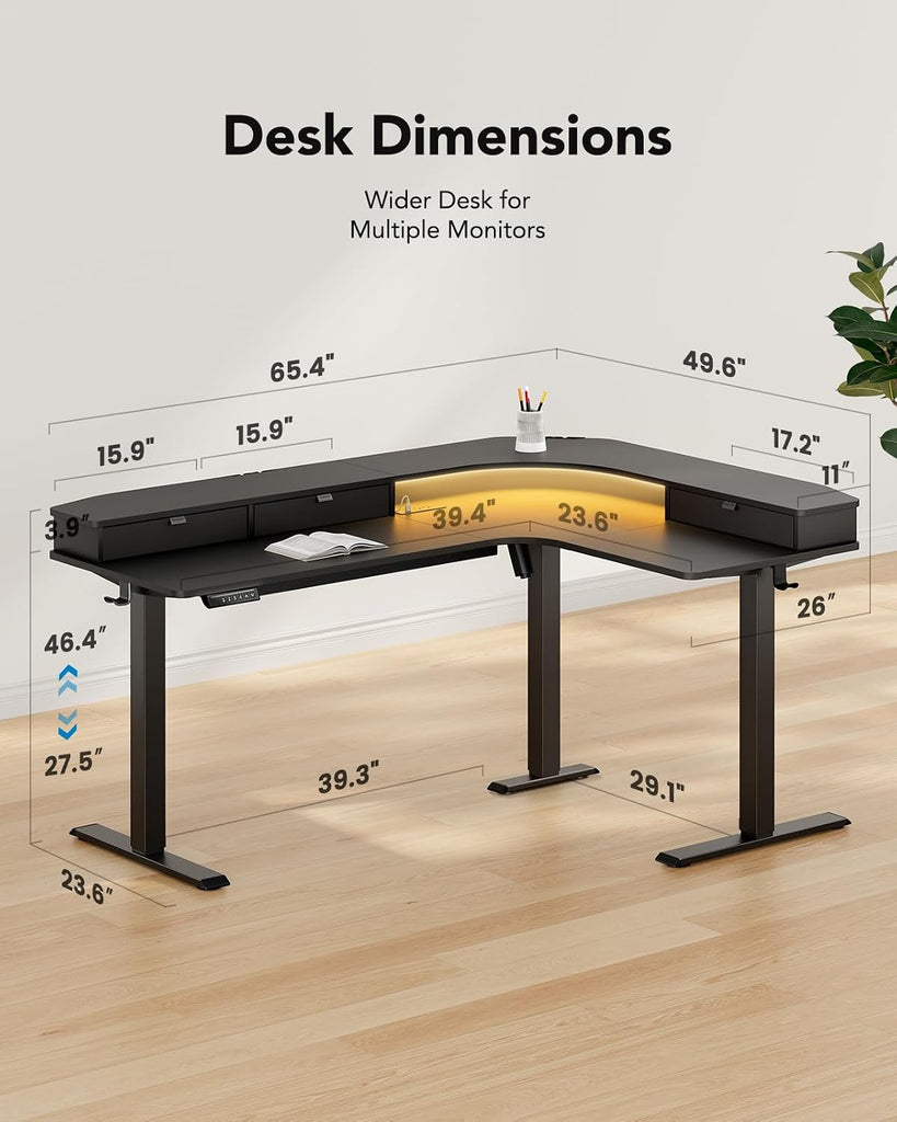 65′′ L Shaped Standing Desk with 3 Drawers, Adjustable, Black | Built-in Power Outlets, LED Strip, Smooth Electric